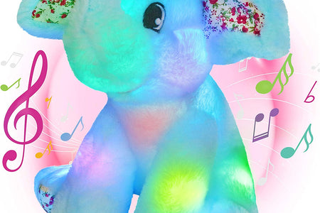 12‘’ Musical Light up Elephant Plush Toy Floppy LED Stuffed Animals Lullabies Nightlight Bedtime for Kids Birthday Valentines for Toddlers, Blue