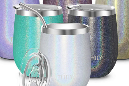 12Oz Insulated Stainless Steel Wine Tumbler with Sliding Lid & Straw - Stemless Travel Cup for Coffee, Cocktails, Beer - Cold Drinks - Glitter White