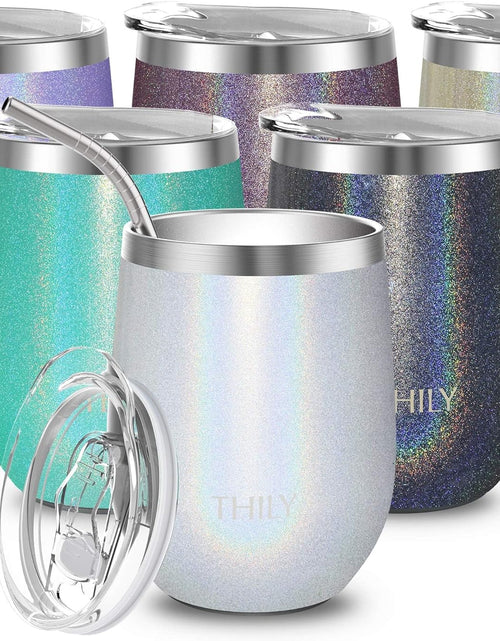 Load image into Gallery viewer, 12Oz Insulated Stainless Steel Wine Tumbler with Sliding Lid &amp; Straw - Stemless Travel Cup for Coffee, Cocktails, Beer - Cold Drinks - Glitter White

