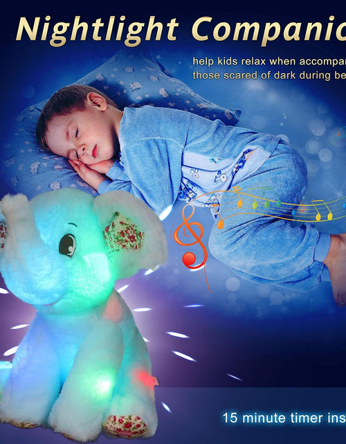 Load image into Gallery viewer, 12‘’ Musical Light up Elephant Plush Toy Floppy LED Stuffed Animals Lullabies Nightlight Bedtime for Kids Birthday Valentines for Toddlers, Blue
