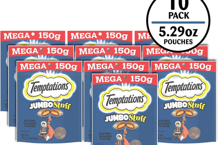 Jumbo Stuff Crunchy and Soft Cat Treats Savory Salmon Flavor, 5.3 Oz. Pouch (Pack of 10)