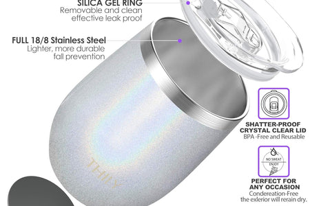 12Oz Insulated Stainless Steel Wine Tumbler with Sliding Lid & Straw - Stemless Travel Cup for Coffee, Cocktails, Beer - Cold Drinks - Glitter White