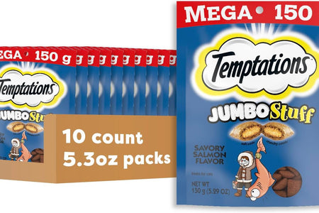 Jumbo Stuff Crunchy and Soft Cat Treats Savory Salmon Flavor, 5.3 Oz. Pouch (Pack of 10)